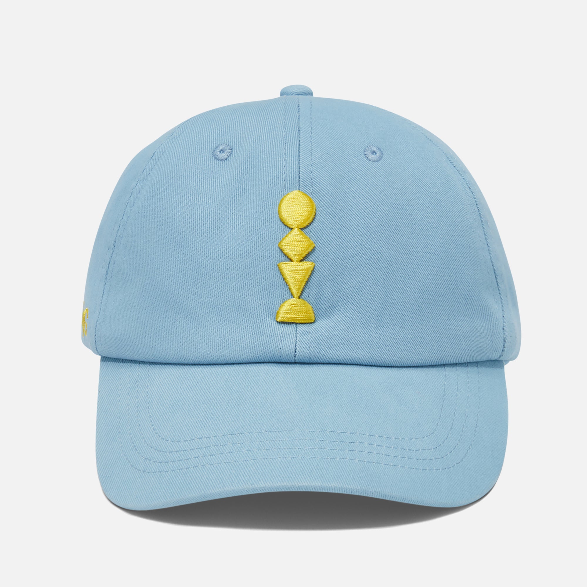 Blue Baseball Cap with a Yellow Embroidered Design on a White Background