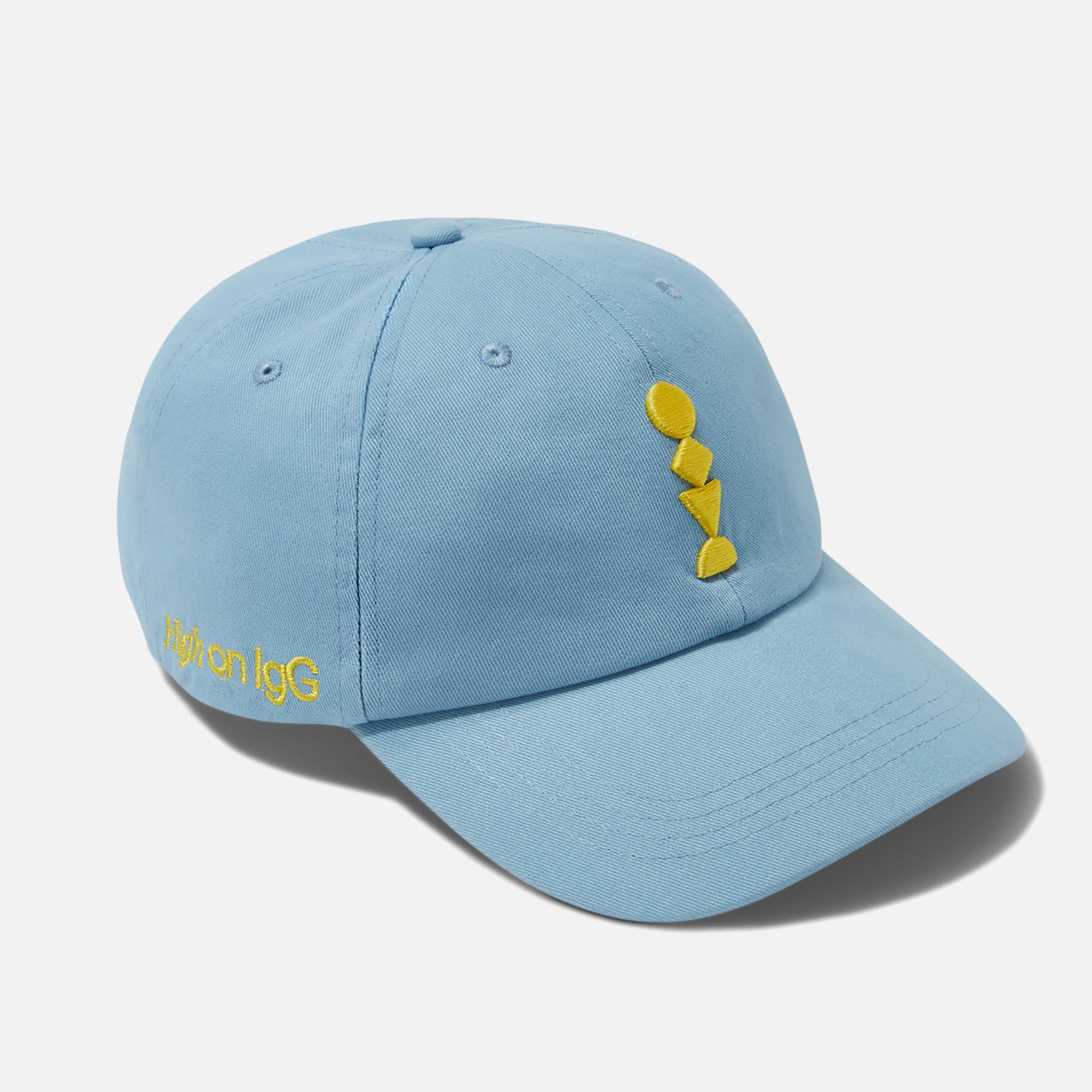 Blue Baseball Cap with a Yellow Embroidered Design reading "High on IgG" on a White Background