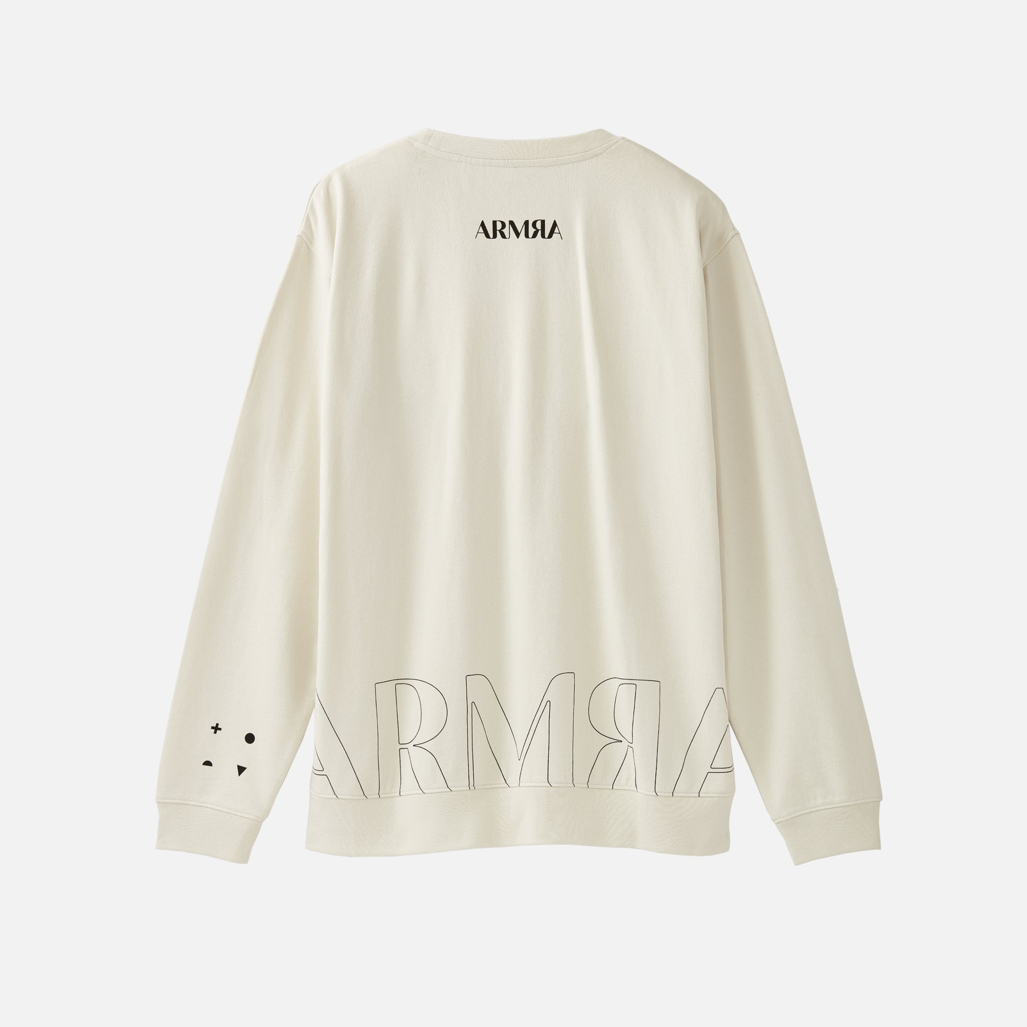 Back of a Cream Sweatshirt with ARMRA logo outline on the lower back
