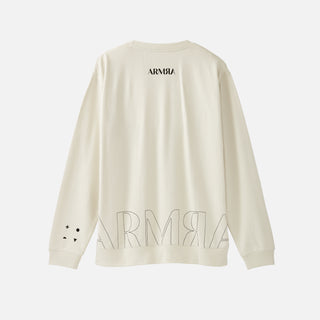 Back of a Cream Sweatshirt with ARMRA logo outline on the lower back